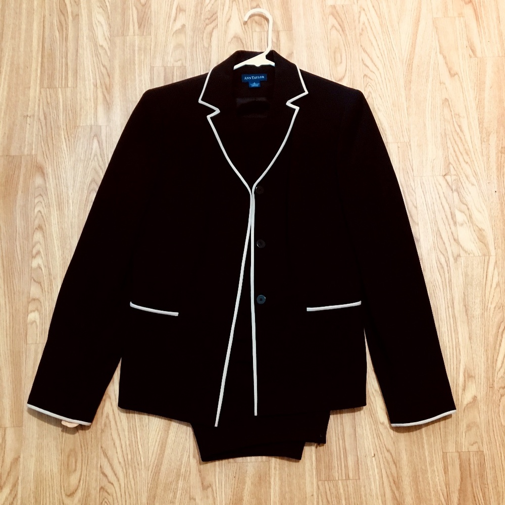 Ann Taylor Dress Suit Black with Cream Trim